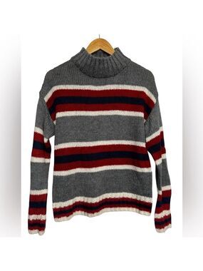 Kismet Striped Knit Mock Neck Sweater - Medium Red Grey Navy White Cozy